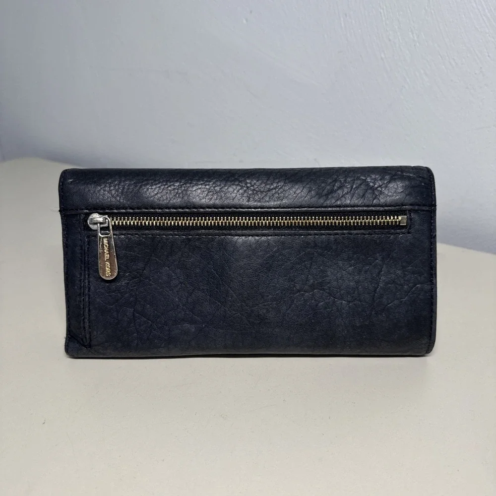 Michael Kors Black Soft Leather Twofold  Snap Zip Flap Women's Large Wallet